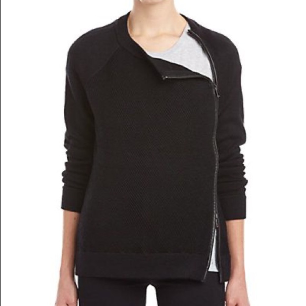 Vince S Black Leather Trim Zipper Textured 100% Wool Knit Sweater Pullover - Picture 13 of 14